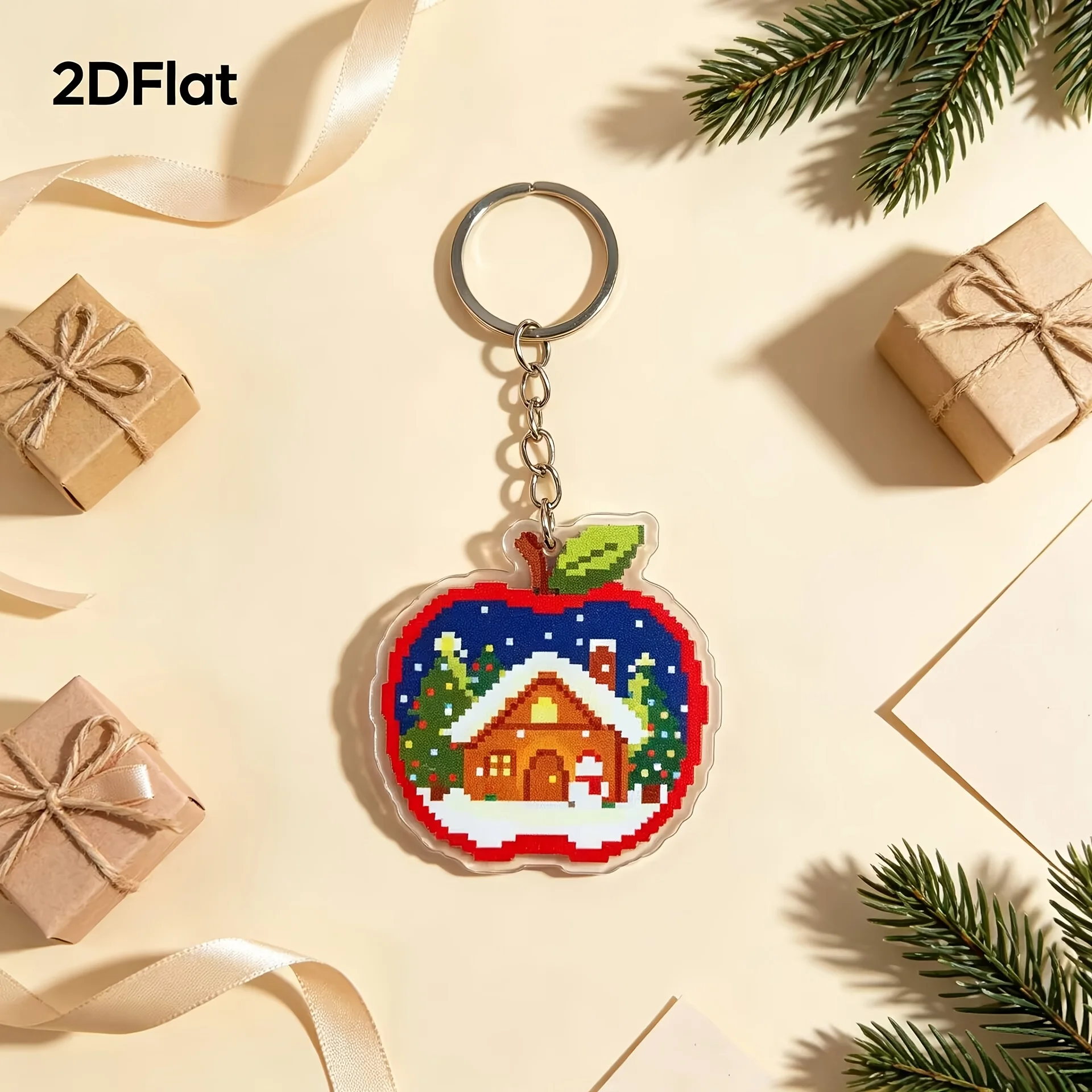 Customized Pixel Art Christmas Apple Acrylic Keychain with Embossed Metal Ring Custom Name Bag Charm Holiday Gift for Loved Ones