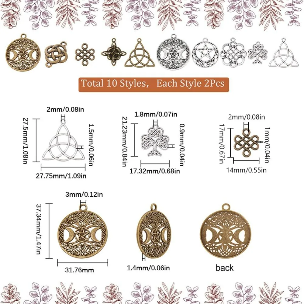 20Pcs 10 Style Celtic Knot Charms Large Trinity Knot Charm 1.47 inch Tree of Life Triple Goddes Moon Lucky Energy making kit