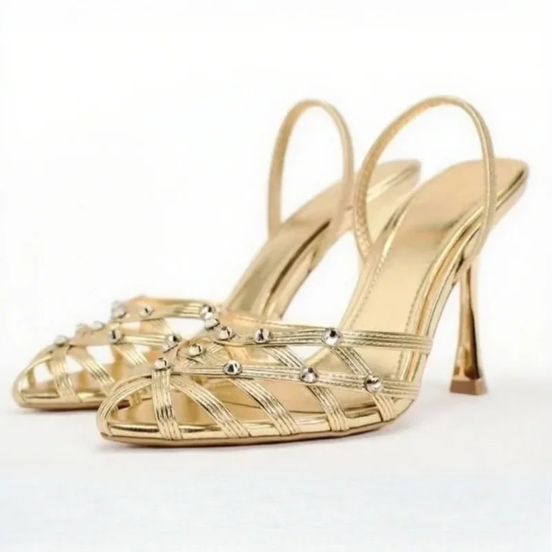 

Sexy Gold Narrow Band High-heel Sandals Women Luxury Rhinestone Decorated Brand Designer Shoes Cozy Elegant Evening Dress Shoes