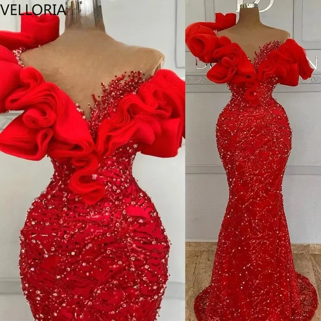Formelle rote Meerjungfrauen-Abendkleider, perlenbesetzte Ballkleider, gerüschte schulterfreie Ärmel, sexy Kleid, Damen-Festkleid, maßgeschneidert – Detail 6