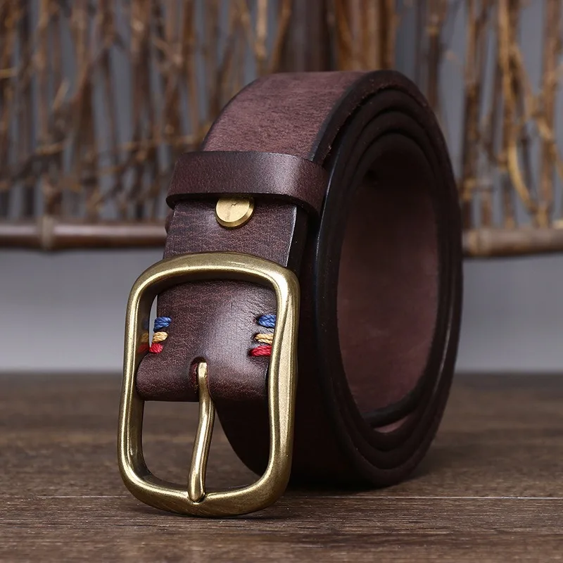 3.8CM wide thickened top layer pure cowhide copper buckle genuine leather belt men's retro versatile jeans belt