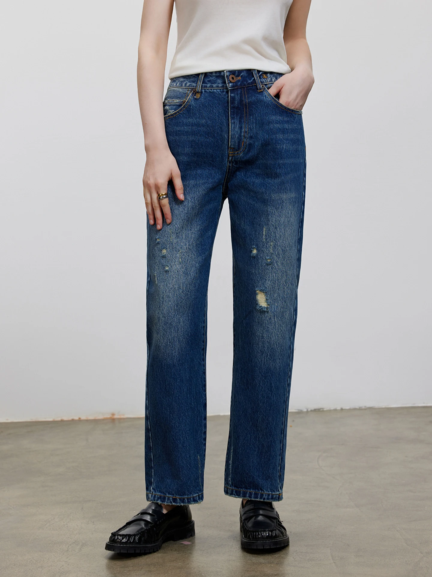 

Retro Washed Blue Slim Fit Denim Jeans Women's Heavy Distressed Smoke Tube Nine Pants Natural Waist Cotton Zipper Casual