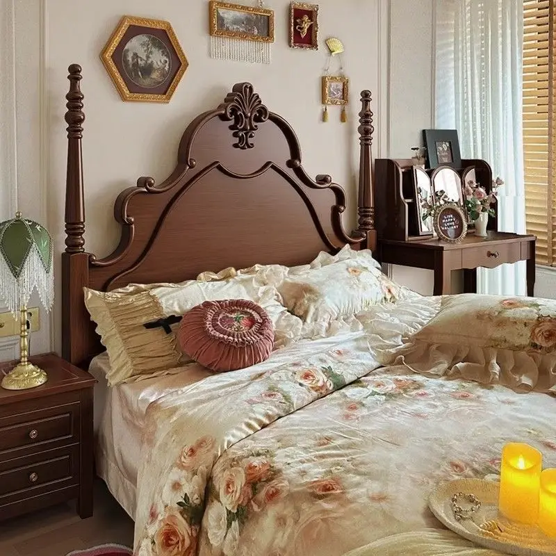 

Ретро Массив дерева Высококачественная атмосфера 1,5 метра Кровать для главной спальни Американская 1,8 метра Двуспальная кровать Кровать для хранения вещей