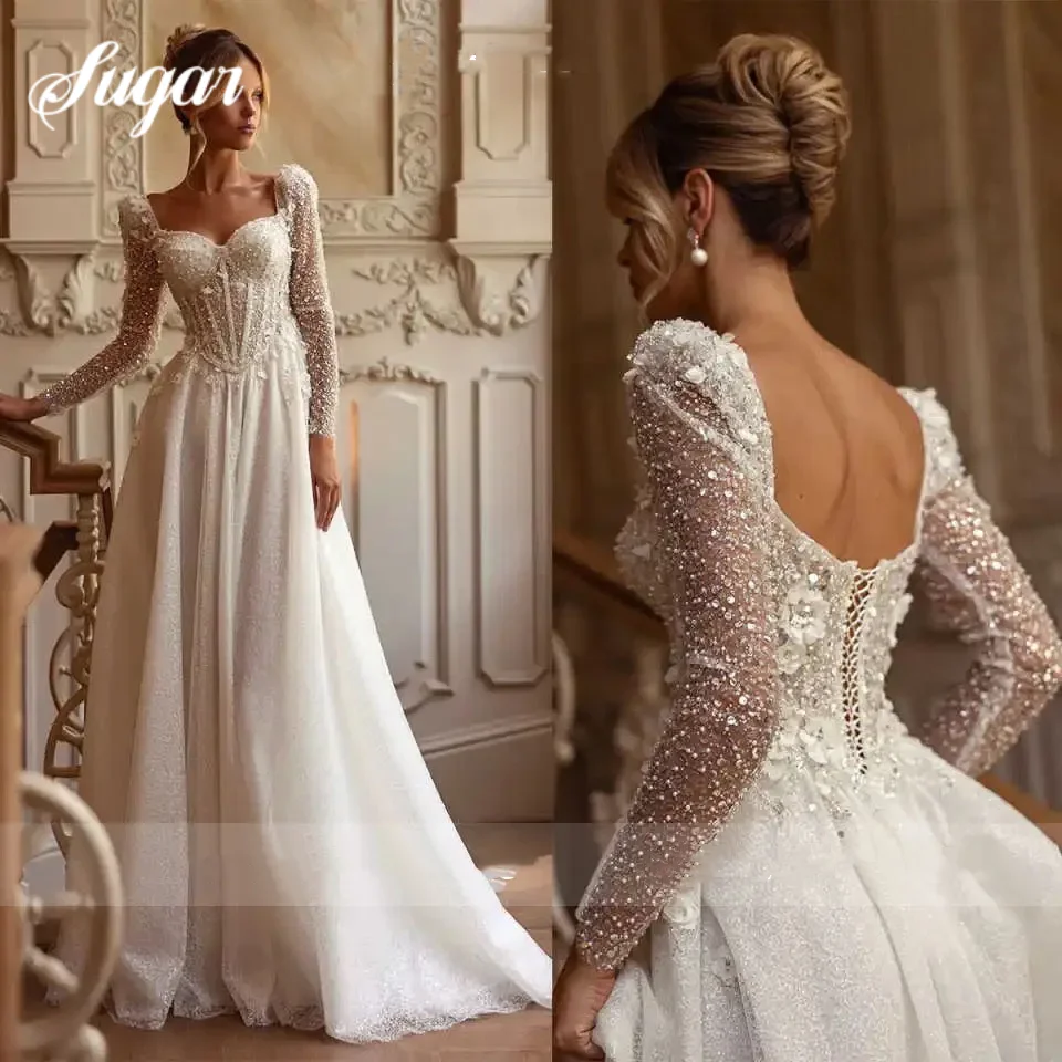 A Line Wedding Dresses Long Sleeves Sqeuins Sweetheart Women Bride Gowns Sweep Train Backless Vestido De Noiva Customized