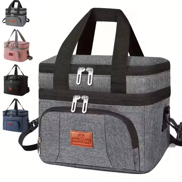 Insulated Double-Layer Tote Cooler Bag - Large Capacity Lunch Box Women/Men, Leakproof Picnic & School Bag with Adjustable Strap