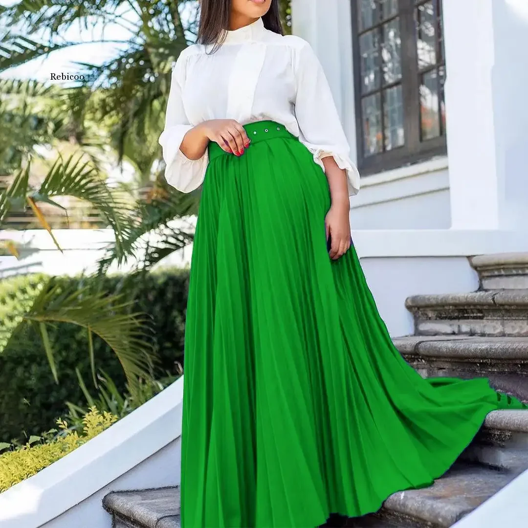 

Women High Waist A-line Pleated Solid Maxi Skirts