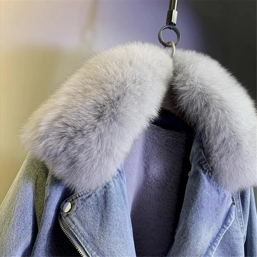 2023 Winter New Fox Fur Collar Detachable Plush Liner Denim Parkas for Women Short Denim Jacket Cotton Coat Female Outwear Y4556