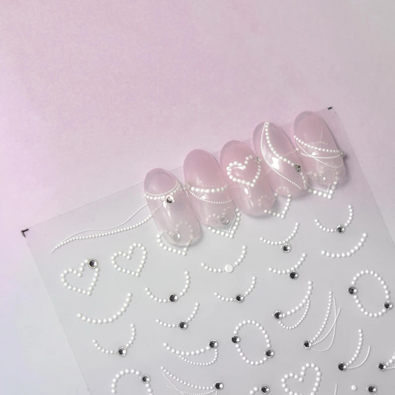 White Pearl Love shape Gold Silver Chain 5D Crystal Diamond Nail Sticker Nail Art Decal Design Manicure Tool T-3112