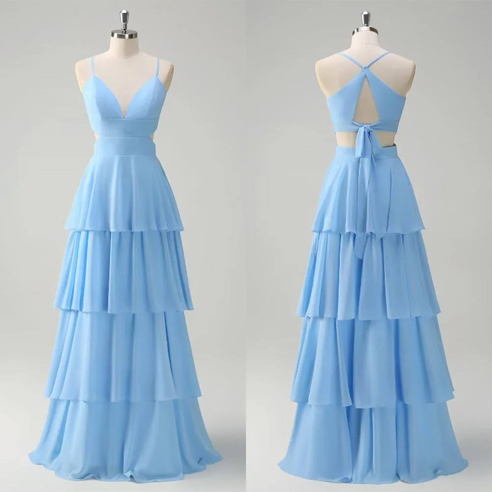 

High Quality Customized V-neck Floor Length Blue Sleeveless Tiered Vestido De Festa De Casamento Robes De Soirée فساتين حفلات