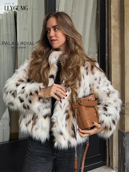 Image Leopard Faux Fur Coat Women Short Autumn Winter Plush Stand Collar Panelled Jacket Female Warm Stylish Outerwears Lady Casual