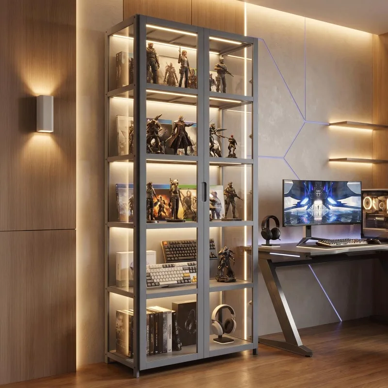 5-Tier Curio Cabinet, Display Cabinet with Acrylic Doors, Gray