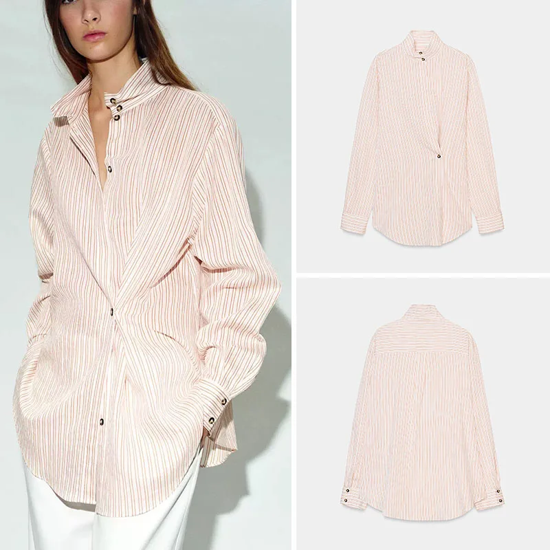 

Весенняя новинка: женская повседневная рубашка с длинным рукавом, высоким воротником, свободного кроя, в полоску, удобная, дышащая, в этническом стиле