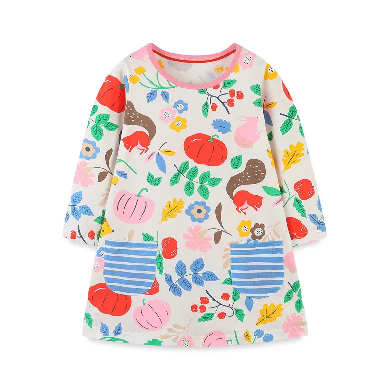 Jumping Meters New Arrival Children\'s Girls Dresses Cotton Dinosaurs Print Pockets Autumn Spring Princess Animals Toddler Dress