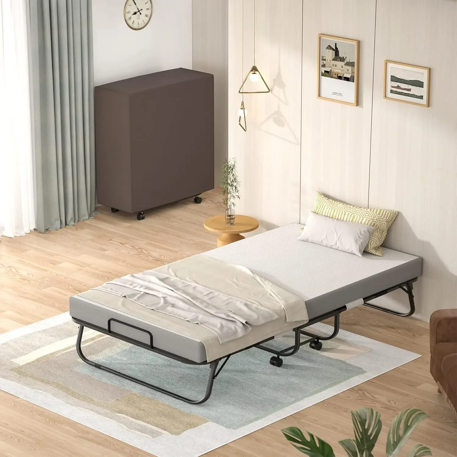 Folding Twin Size Bed With Mattress - 38 Inch Portable Rollaway for Adults, Foldable With Storage Cover, Extra Guest on Wheels