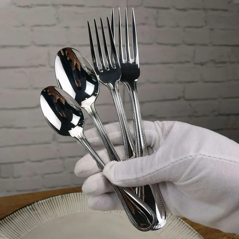 Juego de Cubiertos de Lujo Internacional de Acero Inoxidable 304 con Cadena de Perlas, Cuchara y Tenedor para Plato Principal y Postre, Cubertería para Adultos, Estilo Occidental