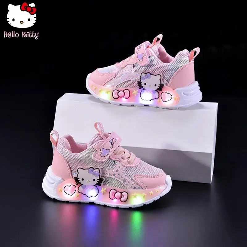 Hello Kitty Spring Autumn new cartoon LED luminous sports light shoes children's kawaii anime fashion mesh running shoes