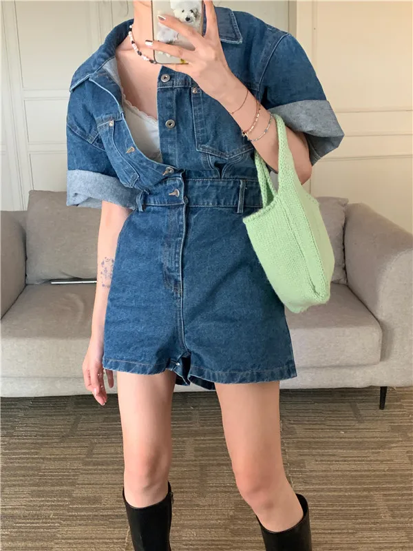 

Women's Summer Casual Short Sleeve Denim Playsuits Lady Chic Pockets Single Breasted Rompers