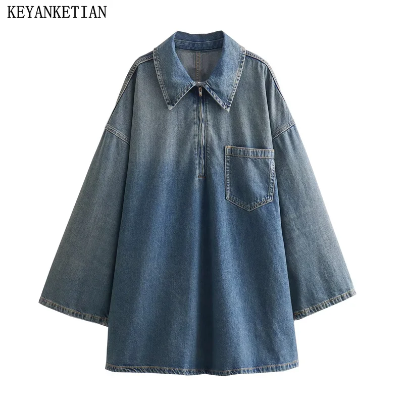 KEYANKETIAN Winter New Zip-up Turn Down Collar Pockets Women's Loose A Line Denim Dress Fashion Flare sleeve Oversize Mini Skirt