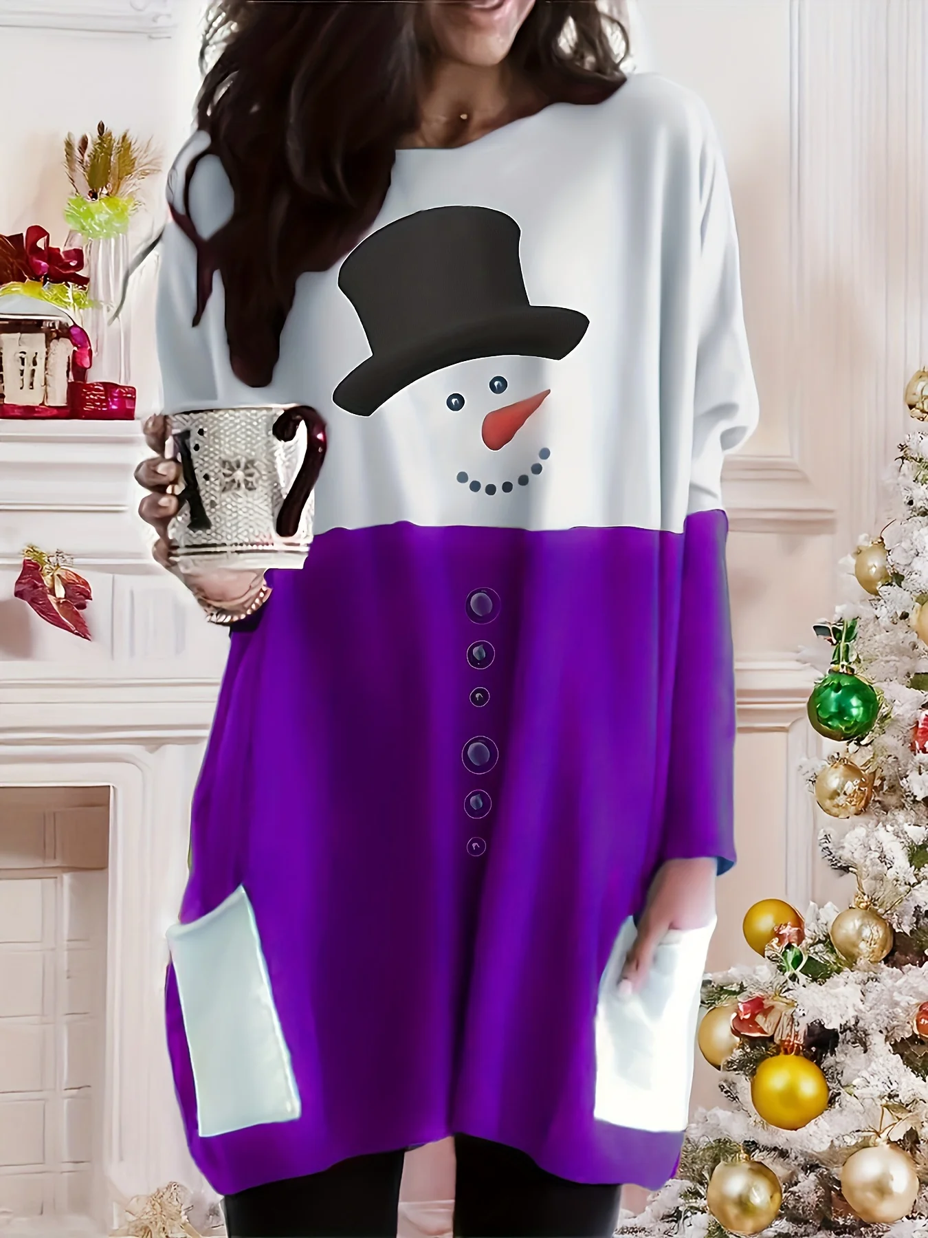 Dulce Xiaofu Otoño e Invierno Edición limitada Vestido casual de manga larga con estampado de muñeco de nieve navideño de talla grande, traje festivo para vacaciones