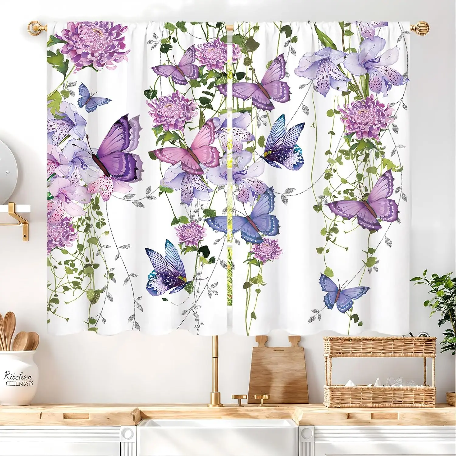 Purple Butterfly Kitchen Curtains Rod Pocket Farmhouse Floral Lavender Lilac Spring Summer Leaves Small Short Cafe Curtains