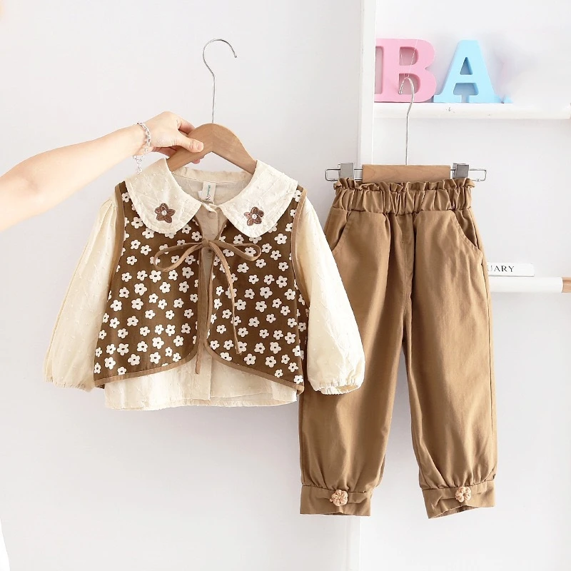

3-5T spring autumn children kids girls fashion cute vest shirt pants sets suits