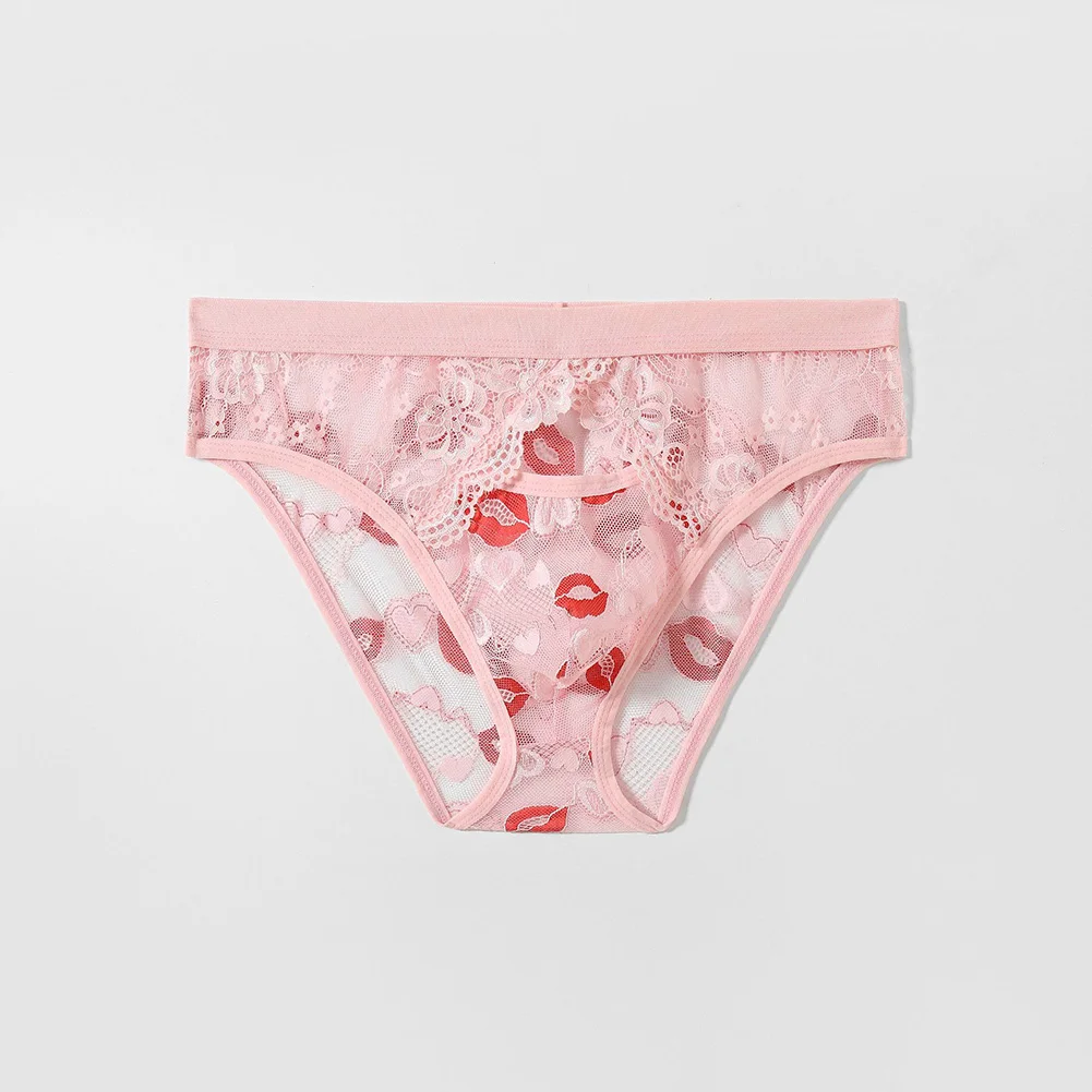 Men Jacquard Sexy Lace Ball Pouch Underwear Quick Dry Thong Hollow Brief Gay Sissy Underpants Soft Sleep Summer Men's Panties