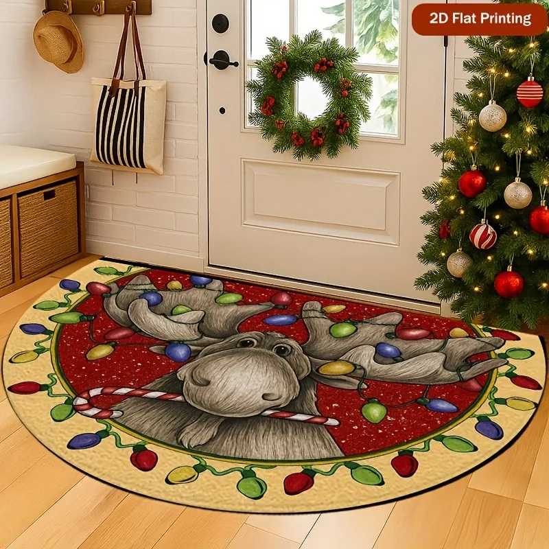 Semicircle Doormat Christmas Moose Pattern NonSlip Felt Rug Cute Festive Entrance Floor Mat Indoor Holiday Welcome Carpet Decor