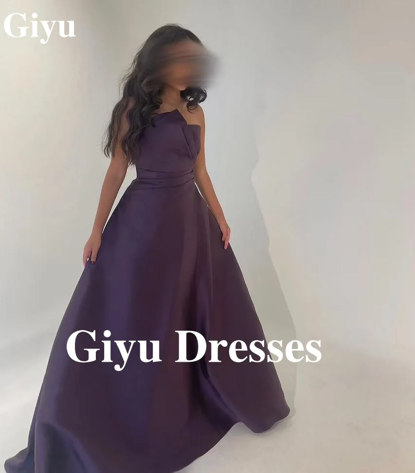 Giyu Elegant Purple Satin Evening Dress Sleeveless Off The Shoulder Bodice Pleated Floor Length Formal Prom Dresses Party Gowns