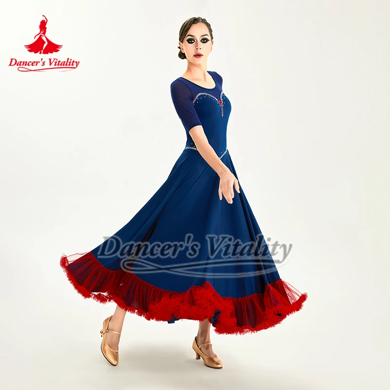Waltz Foxtrot Tango Training Class Clothing Female Ballroom Dance Five Colors Are Available Round Neck Dresses with Chest Pads