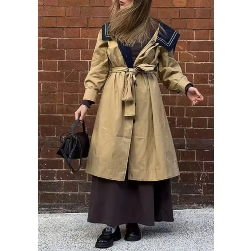 

Khaki Midi Trench Coat Sailor Collar Long Puff Sleeve Self Tie Belt Waist Cinched Single Breasted Women Loose Casual Coat 260701
