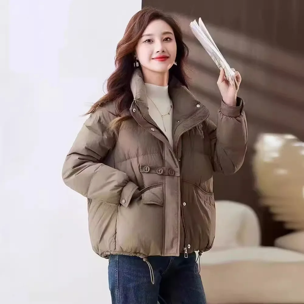 Women's New Style Three-button Down Jacket Winter Petite Bread Jacket Outerwear Loose Fit Thickened Warm Stand-up Collar