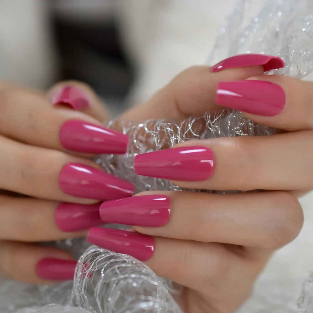 Medium Long Coffin Fake Nails Rose Pink Shiny Surface Faux Nails Thick Acrylic Nail Art Tips Many Colors