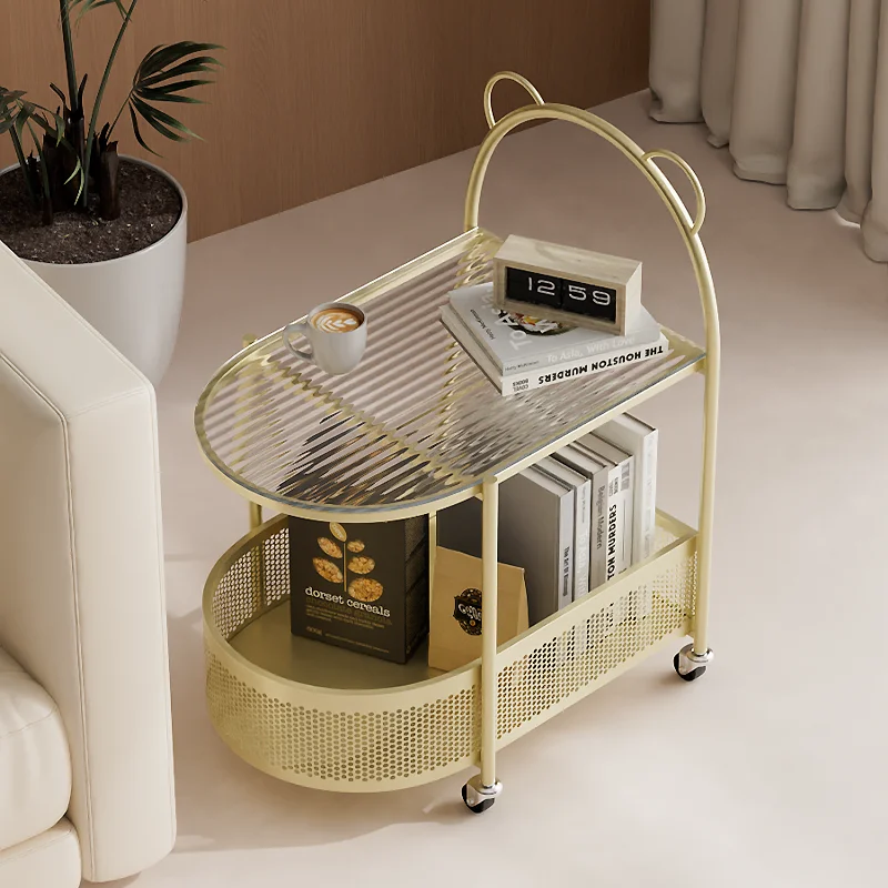 Creative Moving Wheels Trolley Double-Layer Storage Rack beside Sofa Cream Style Living Room Snack Storage Small Table