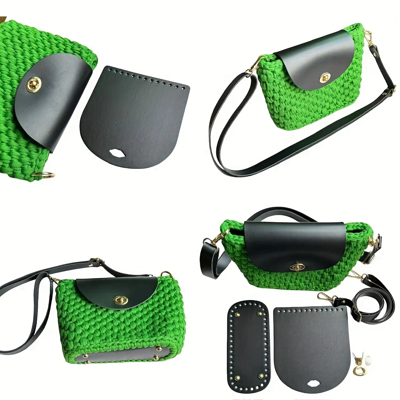 Colorful DIY bag making kit, crochet bag kit, handmade woven  tote bag, Leather accessories  for knitted bags ,DIY wallet making