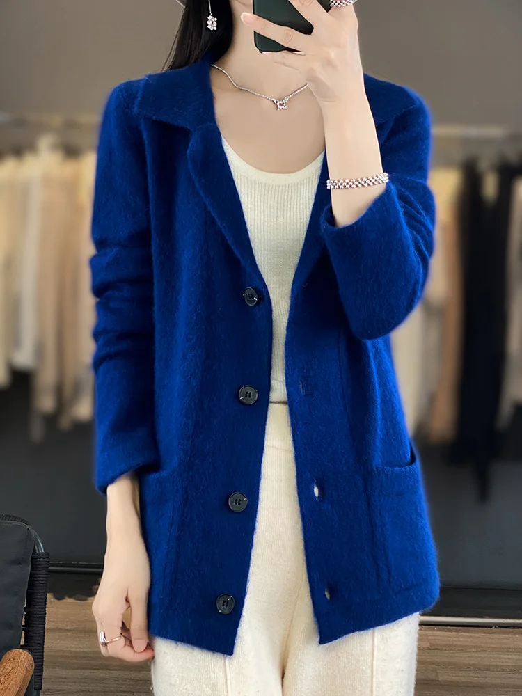 Women Lapel 100% Mink Cashmere Knit Cardigan Spring Winter New Polo Collar Shirt Loose Warm Jackets Blouses Casual Coats Sweater