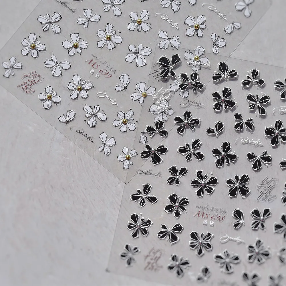 1pcs 5D Black White French Flower Nail Stickers Gold Silver Petal Nail Decals Sliders Autumn Manicure Decoration Nail Supplies