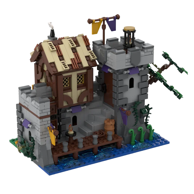 MOC bouwstenen speelgoed dorpsmodel in middeleeuwse stijl beeldje creatie z montagespeelgoedset - een feestelijk cadeau geschikt voor iedereen