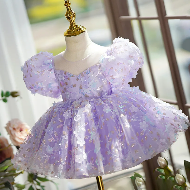 Purple little Host dress Girl 2024 new high-end birthday girl Princess dress piano performance Pompous gauze