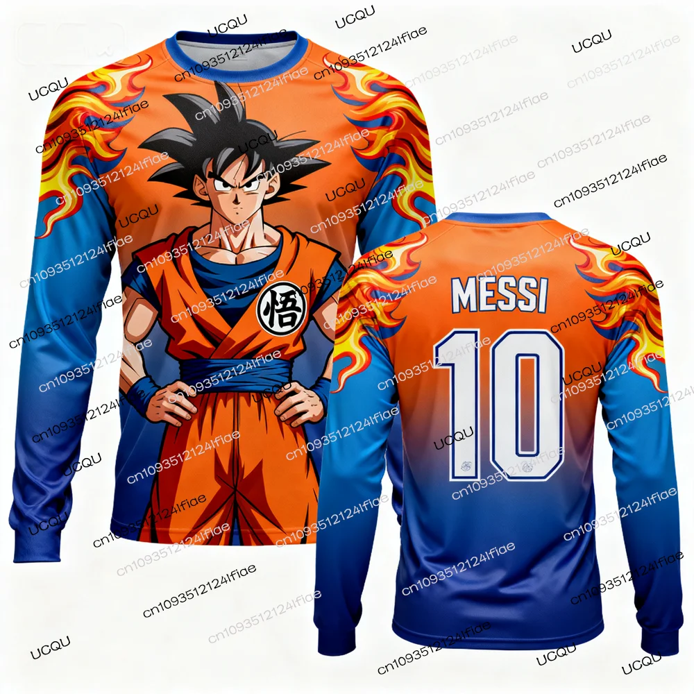 2025 ドラゴンボールZ キッズ秋用長袖Tシャツ、メッシ大人メンズ冬用サッカースポーツTシャツファン特別ジャージキット