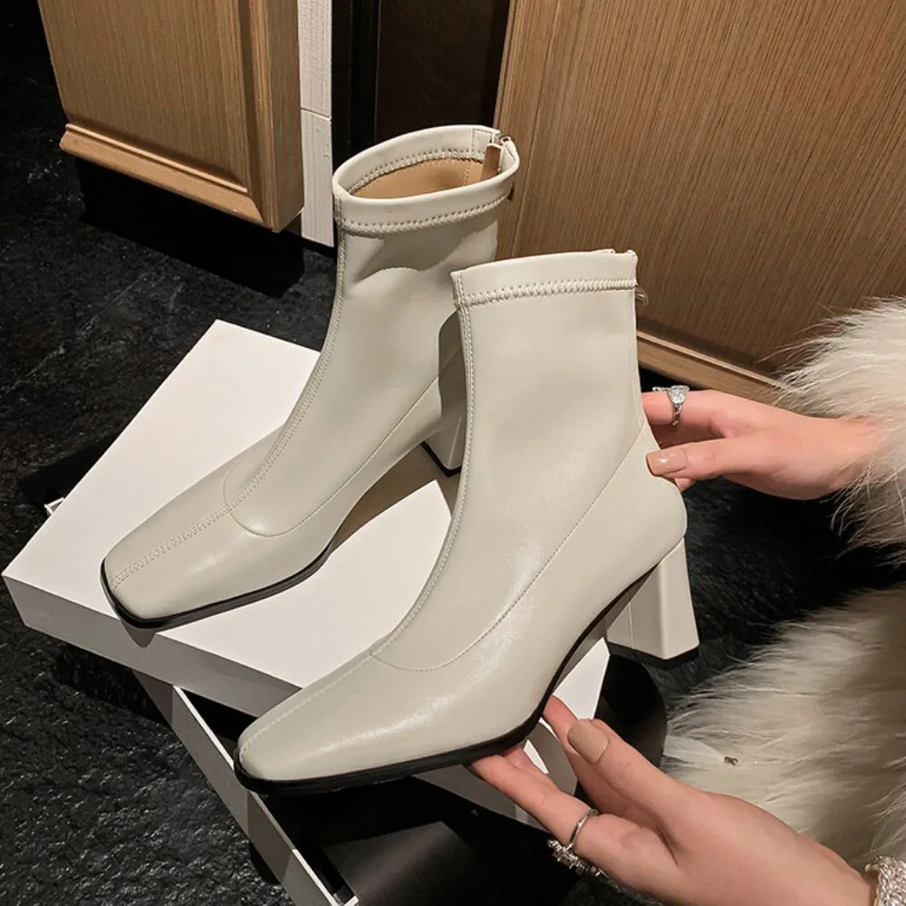 Autumn Ankle Boots Shoes Women High Thick Heel Boots Square Toe Zipper Lady Footwear Concise Short Boots Autumn White 40