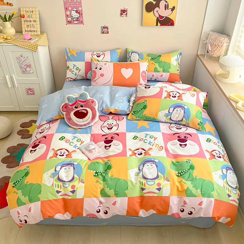 Disney 100% Cotton Bedding Set Stitch Mickey Lotso King Queen Double Single Duvet Cover Bedsheet Pillowcase Kids Home Textile