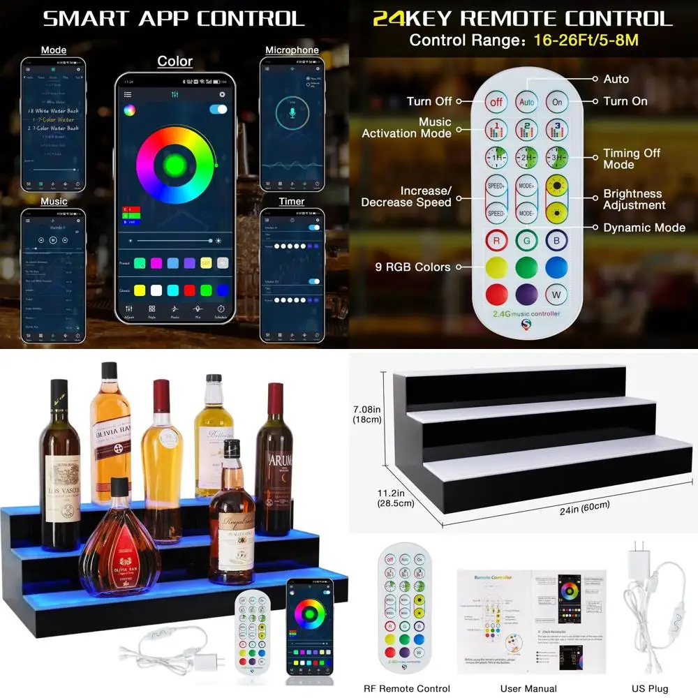 Estante de Exhibición de Botellas con Iluminación LED de 3 Niveles y 24 LED, con Control Remoto y por Aplicación, para Whisky, Vino y Más