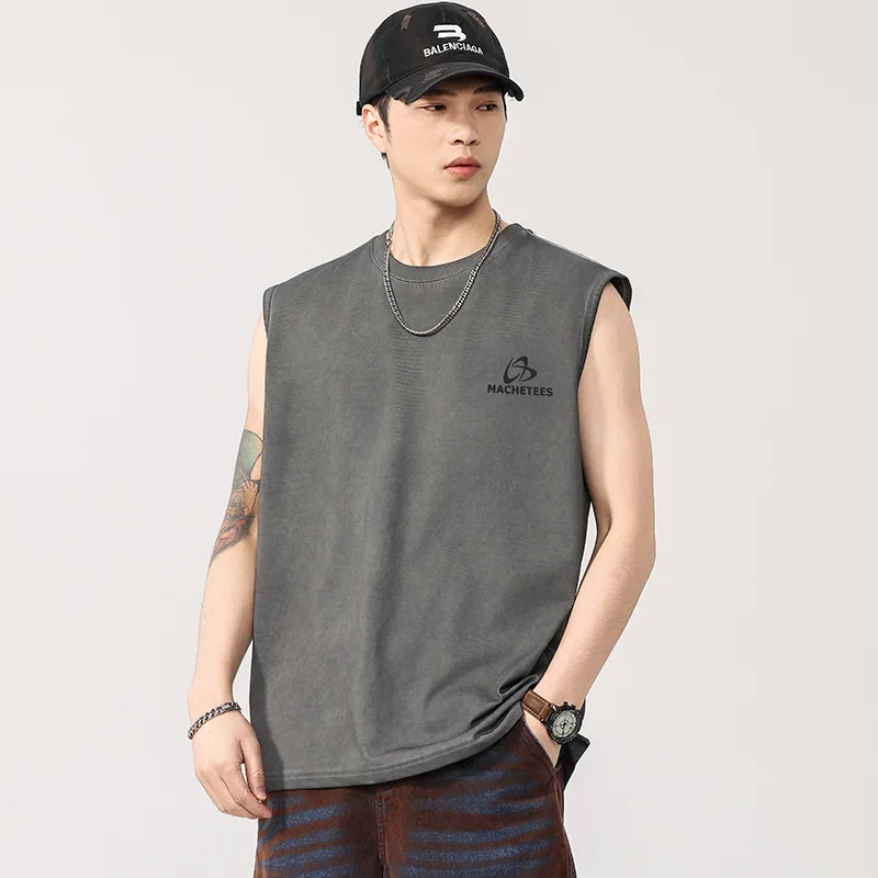 

2025 Men's summer new American retro fashion versatile soft washed loose fit letter printed design sleeveless T-shirt T3971