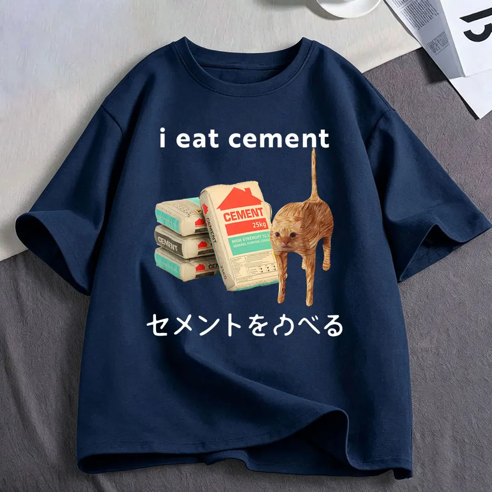 I Eat Cement Cursed Cat Funny Meme T Shirts Men Women Clothing Fashion Cotton Casual Oversized Short Sleeve T-shirts Streetwear