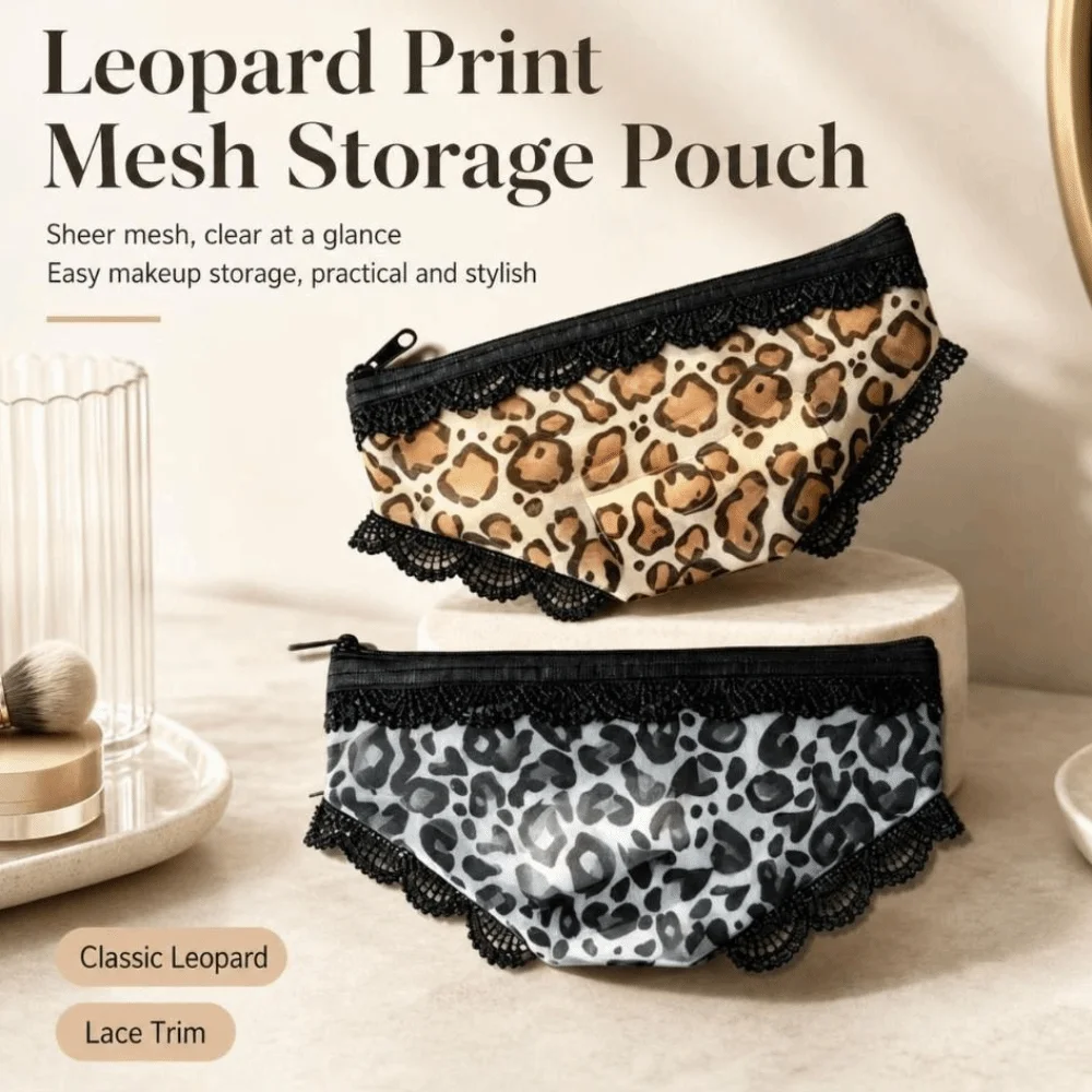 Leopard Print Panties Shaped Makeup Pouch Zippered Portable Mesh Cosmetic Bag Lace Trimmed Transparent Storage Pouch Daily Use