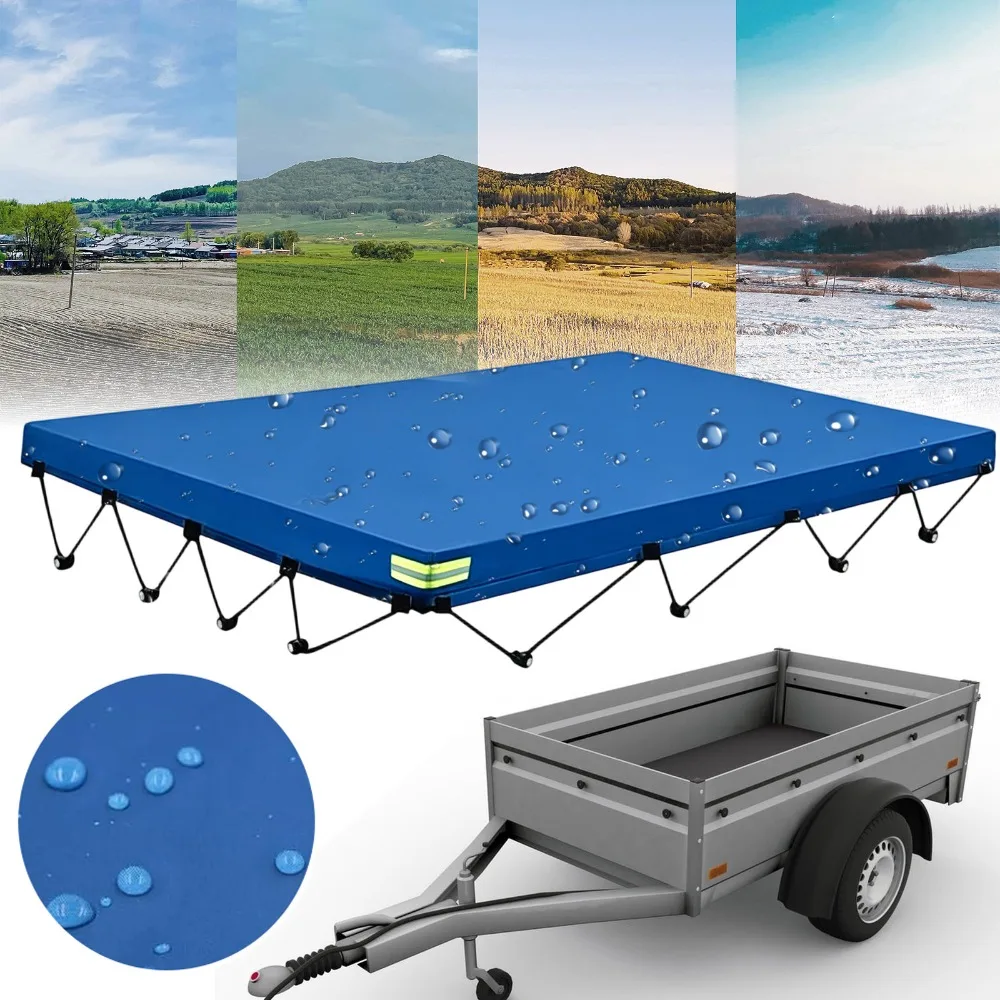 Bâche de remorque bleue (214x122x13cm) avec bandes réfléchissantes et cordon élastique de 8m – Adaptée à tous les types de véhicules : camions, SUV et pick-up – Idéale pour le transport et le stockage en extérieur.