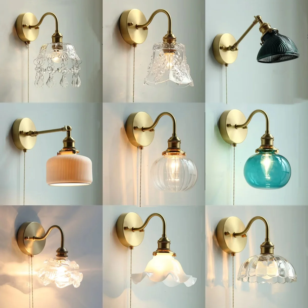 Pull Chain Switch Bedroom Home Lighting Nordic Copper Wall Lamp Sconce Luminaria Modern Glass LED Lights Bathroom bedside Light