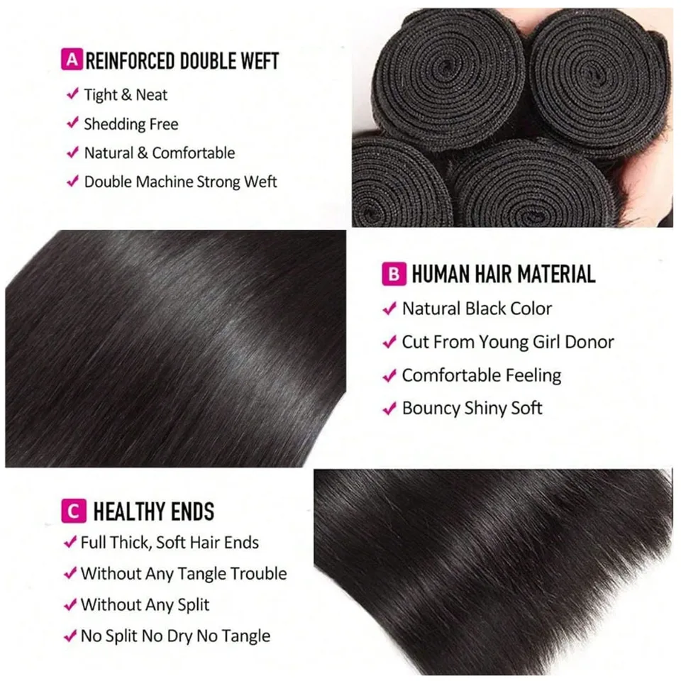 Cabello Humano 36 40 Pulgadas Liso Hueso Cabello Crudo Humano Paquetes Extensiones 1 3 4 Paquete Negro Brasileño Remy Tejido Paquetes 2