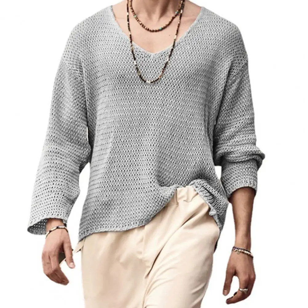 Suéter ligero con cuello en V para hombre, prendas de punto de Color sólido para primavera y otoño, manga larga, ropa de calle hueca