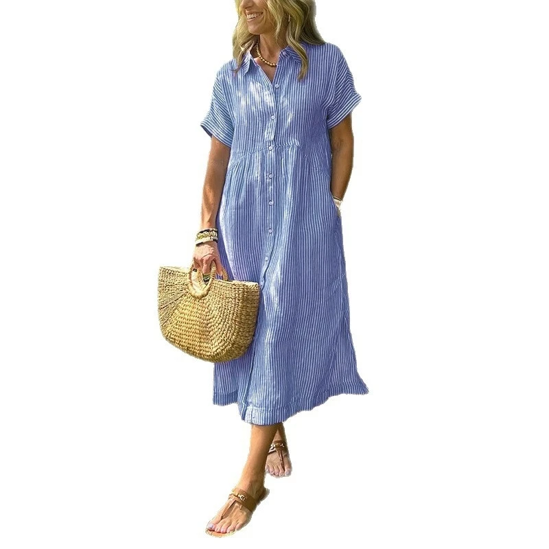 Vestido camisero de verano para mujer, vestido veraniego por debajo de la rodilla de manga corta de lino y algodón holgado informal, cómodo y ligero, 2025